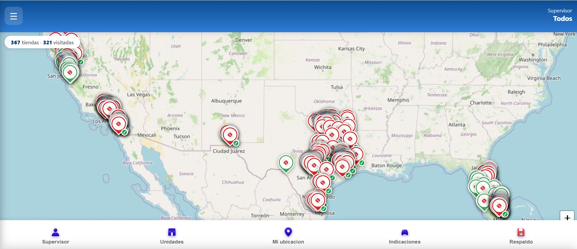 Mapa de tiendas CVS con visitas registradas